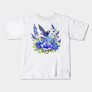 Beautiful Purple and Blue Lavender Flowers Violet Wildflowers garden Floral Pattern. Watercolor Hand Drawn Decoration. Summer Kids T-Shirt